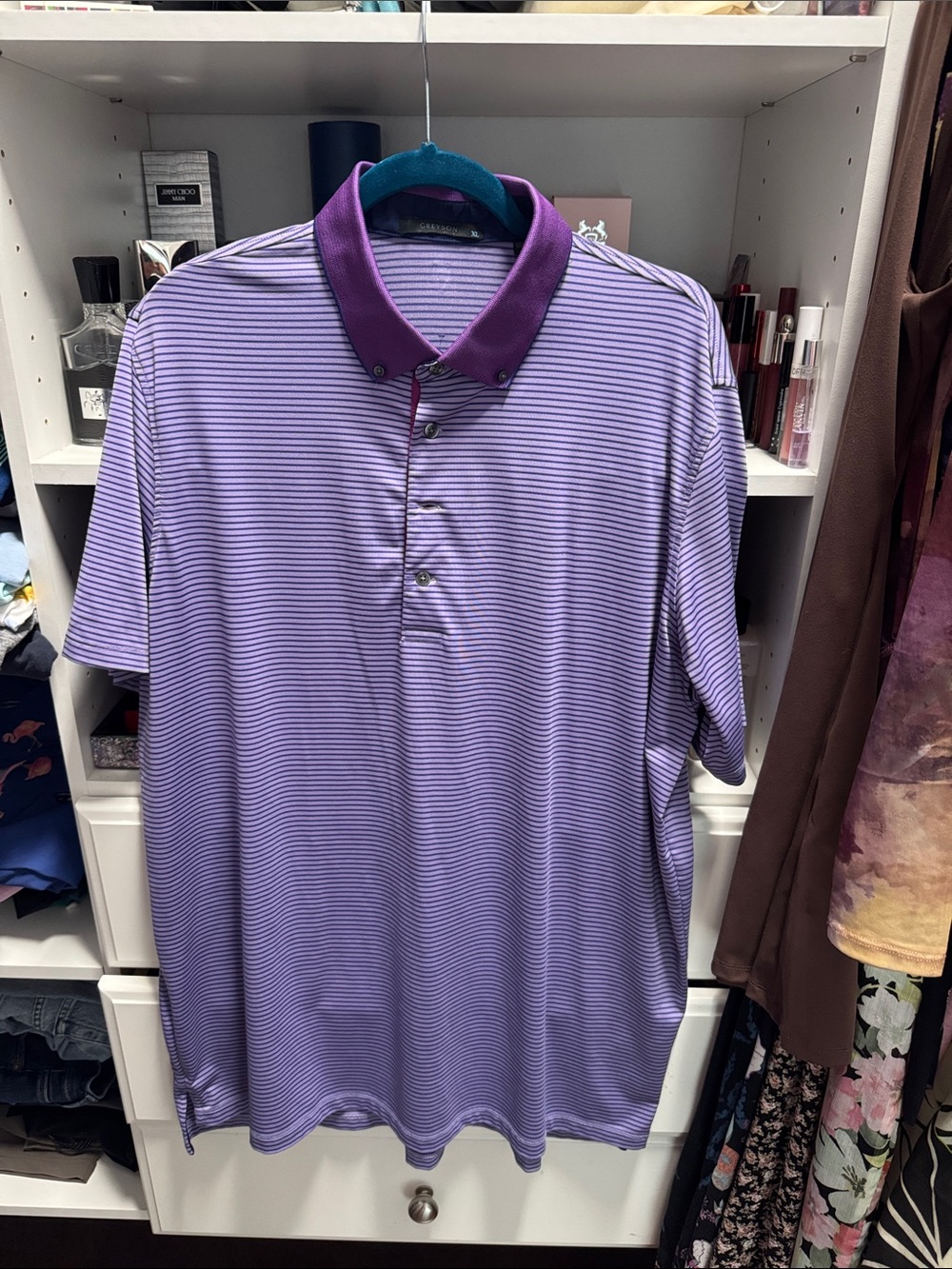 Greyson Purple Striped Polo with Contrast Collar